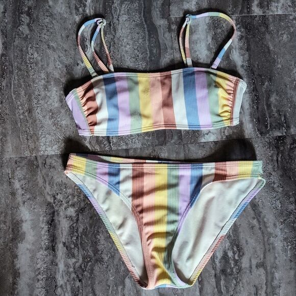 Fun Xhilaration Two Piece Swim Suit Bikini Color Block Ribbed Striped Size Small - Picture 12 of 12